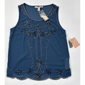 Forever 21 Blouse Womens XS Blue Sleeveless Sequin Ornate Top Dressy Sheer NEW